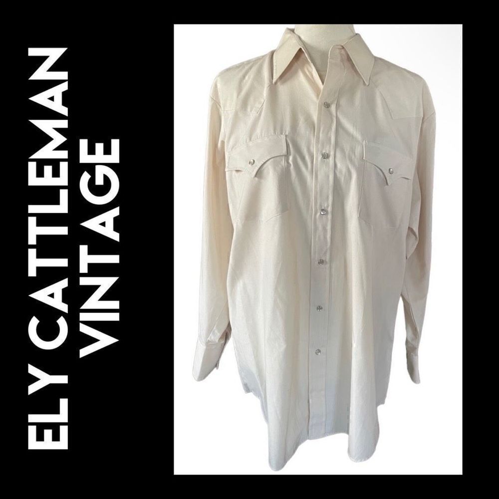 Vintage Ely Cattleman Men’s Cream Long Sleeves Western Tops Pearly Snaps Size 33